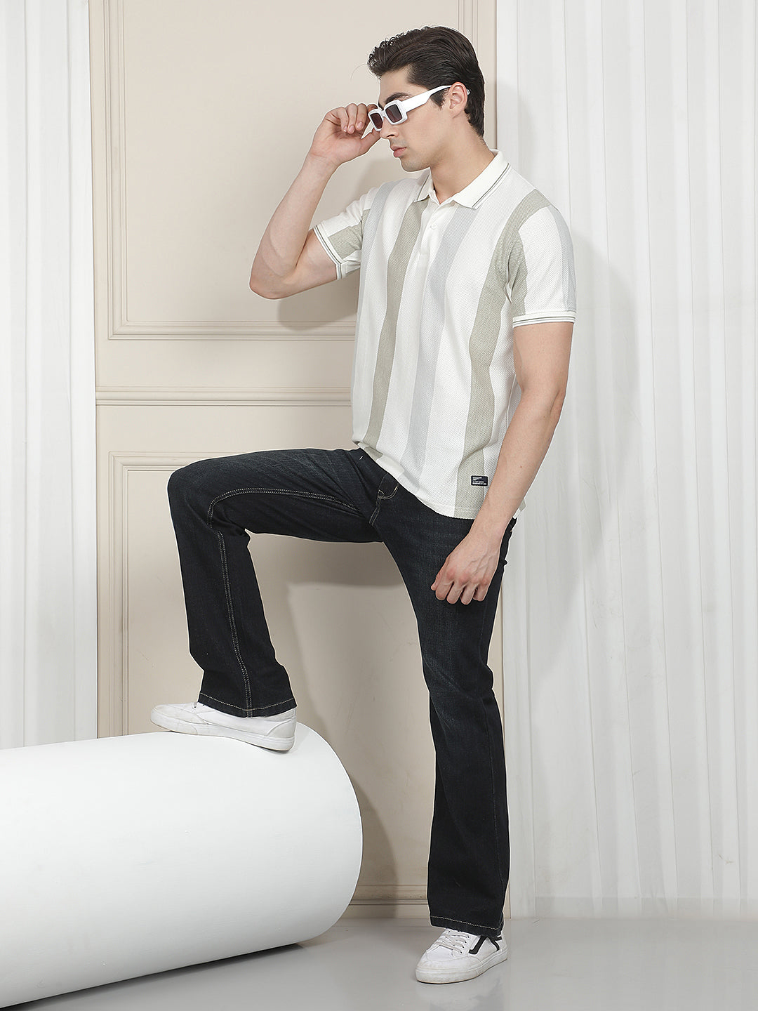 CREAM STRIPED POLO T-SHIRT