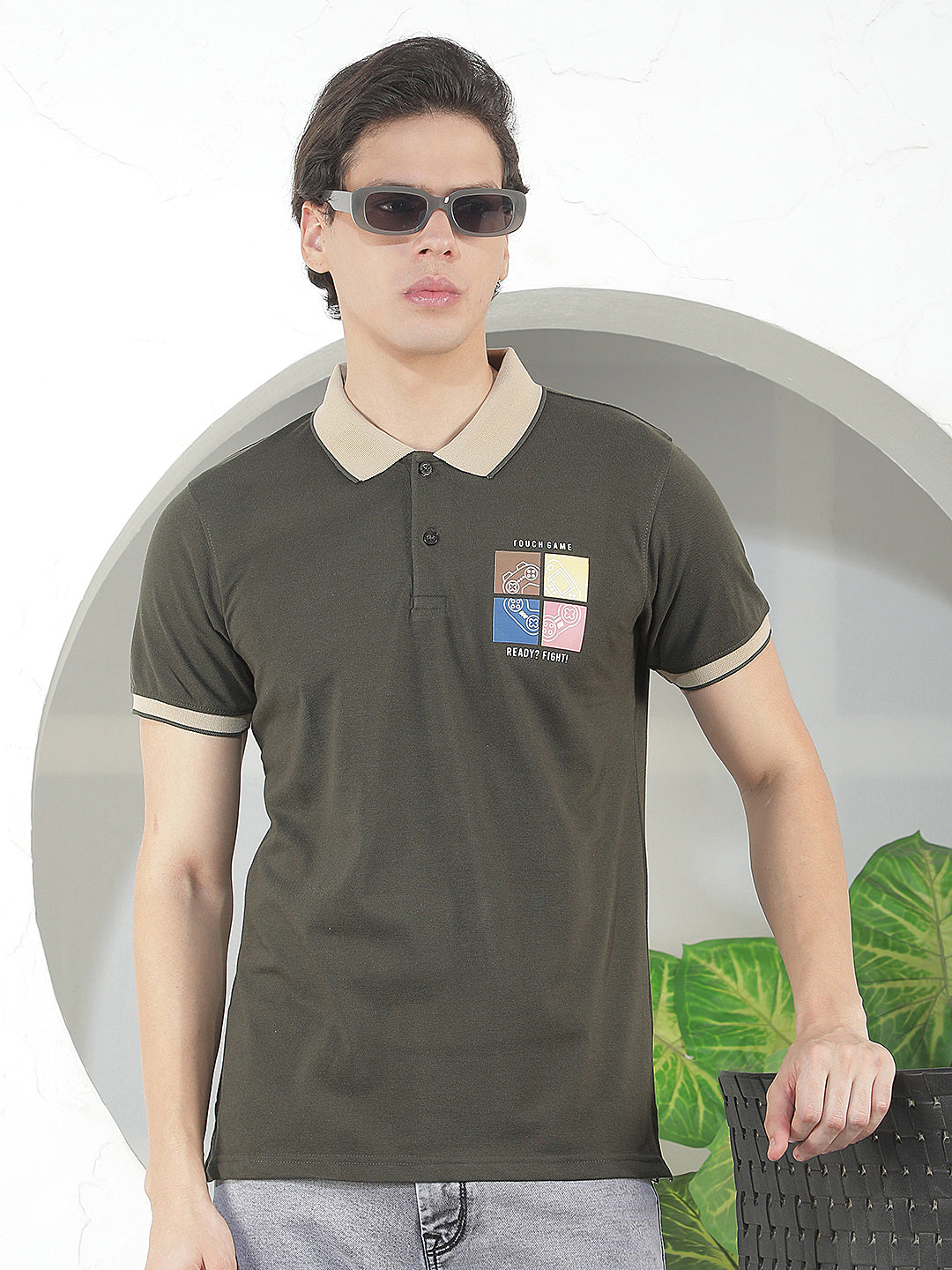 dark olive printed polo t-shirt