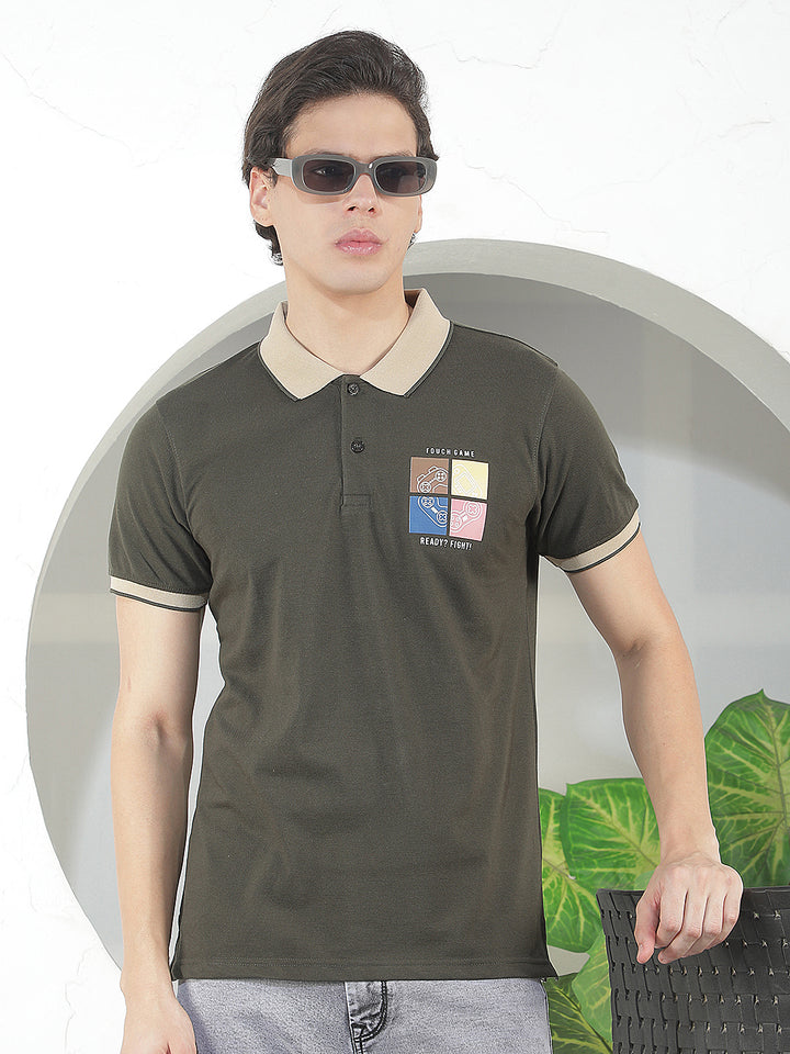 dark olive printed polo t-shirt