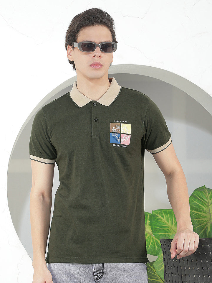 DARK OLIVE PRINTED POLO T-SHIRT