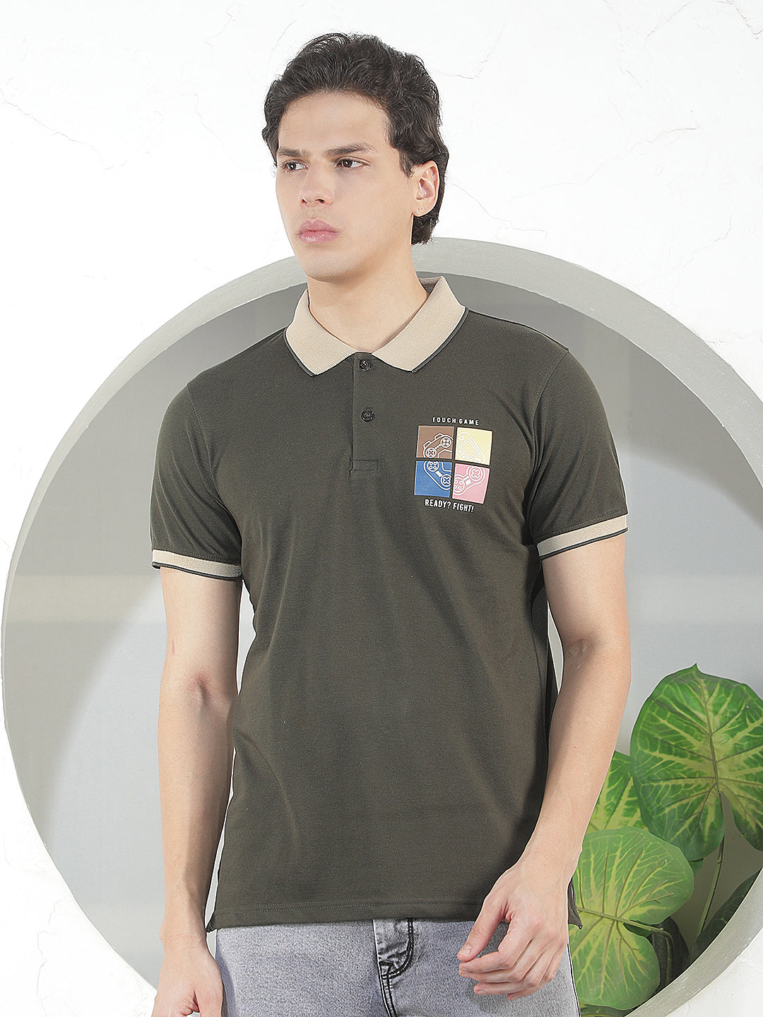 dark olive printed polo t-shirt