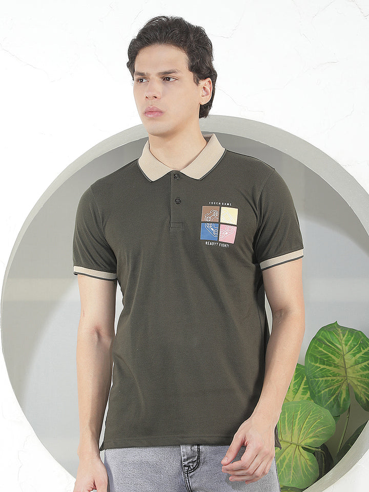 dark olive printed polo t-shirt
