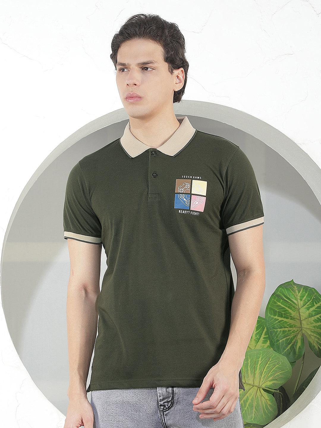 DARK OLIVE PRINTED POLO T-SHIRT
