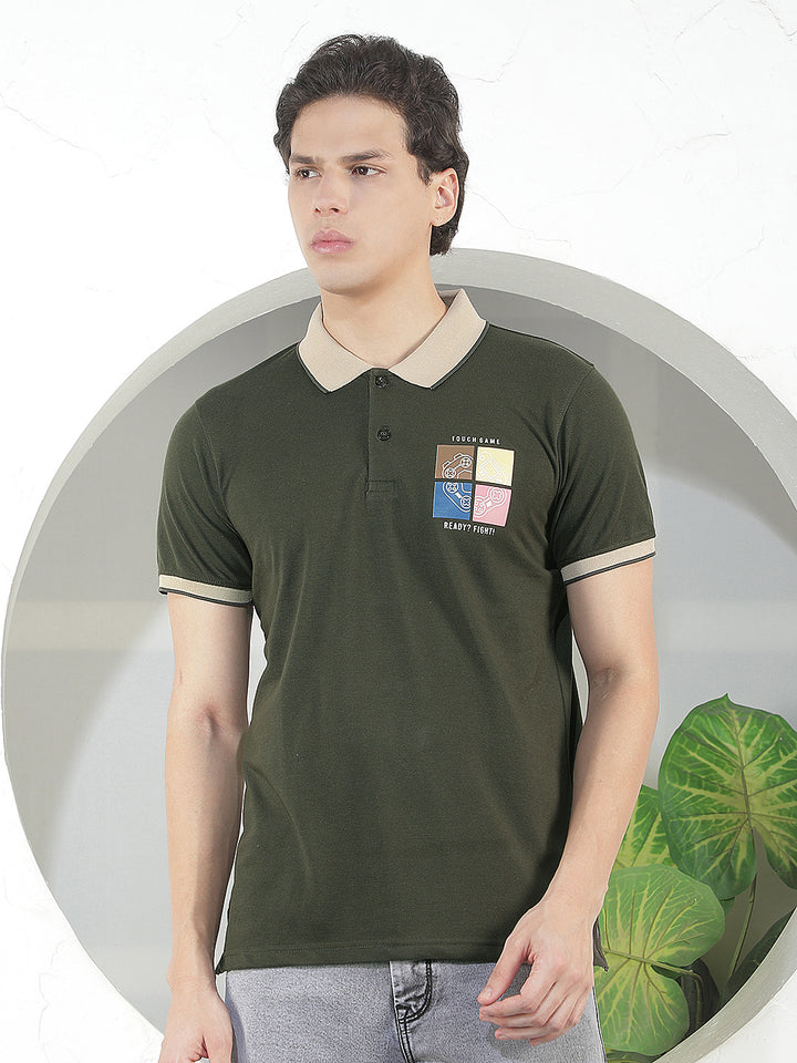 DARK OLIVE PRINTED POLO T-SHIRT