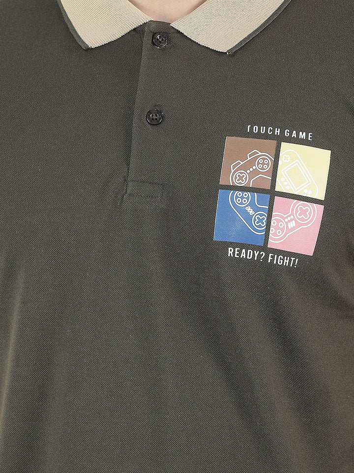 dark olive printed polo t-shirt