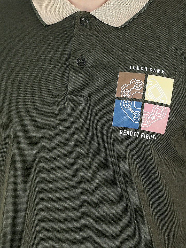 DARK OLIVE PRINTED POLO T-SHIRT