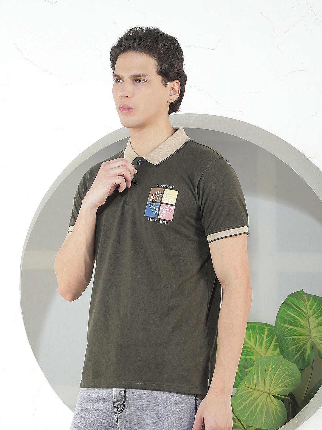 DARK OLIVE PRINTED POLO T-SHIRT