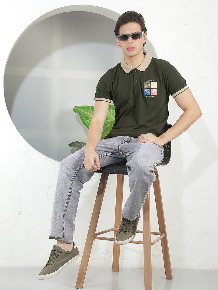 DARK OLIVE PRINTED POLO T-SHIRT