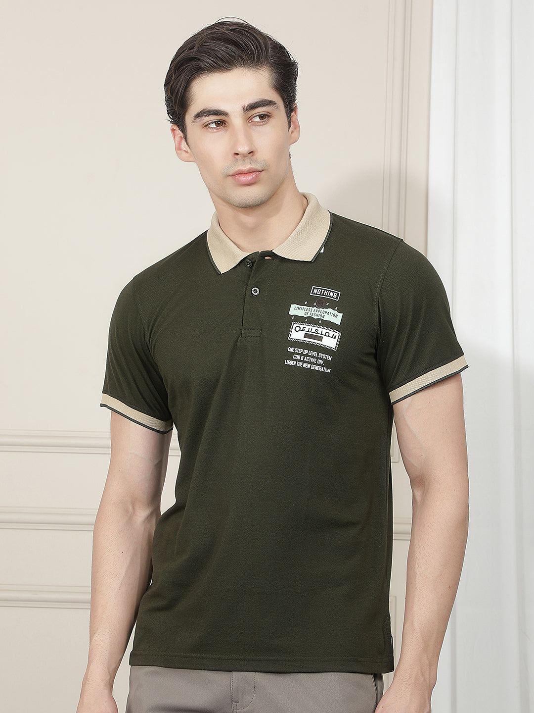 BOTTLE GREEN PRINTED POLO T-SHIRT