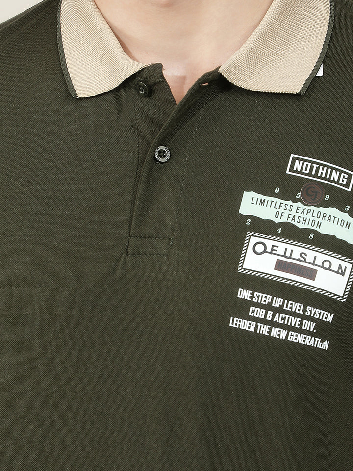 BOTTLE GREEN PRINTED POLO T-SHIRT