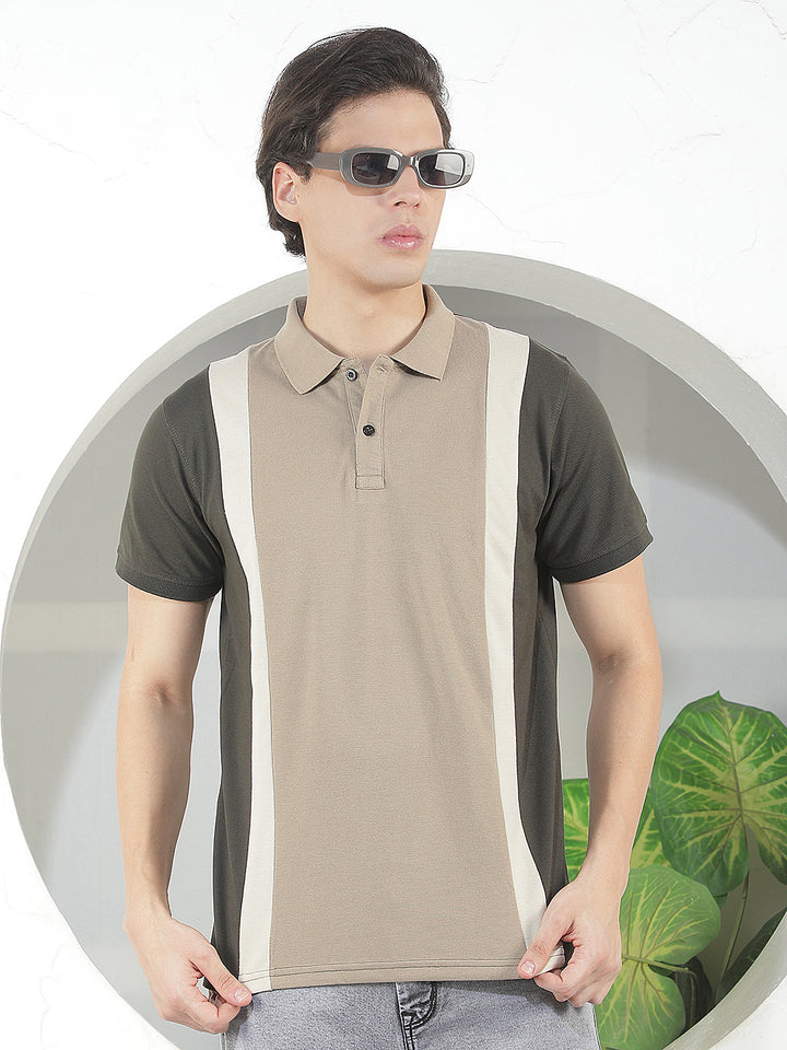 beige color-block polo t-shirt