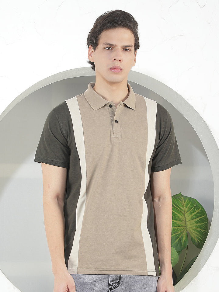 beige color-block polo t-shirt