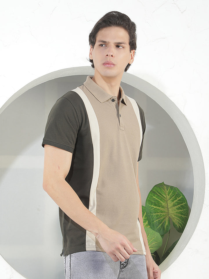 BEIGE COLOR-BLOCK POLO T-SHIRT