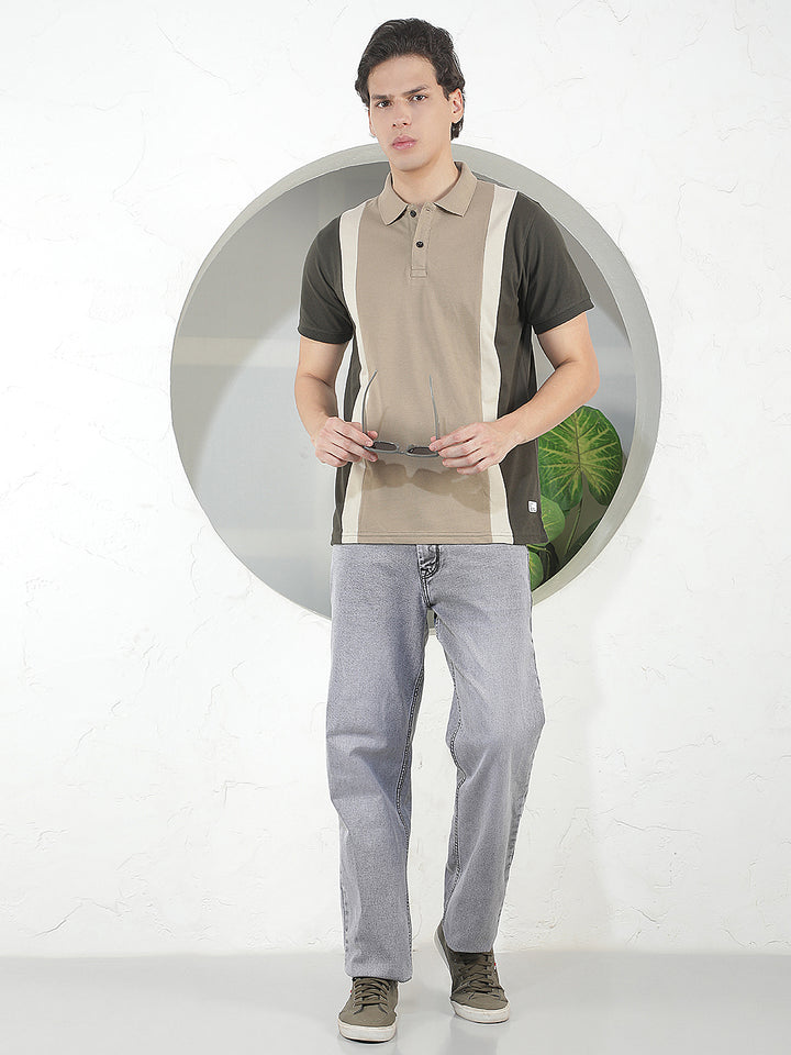 BEIGE COLOR-BLOCK POLO T-SHIRT