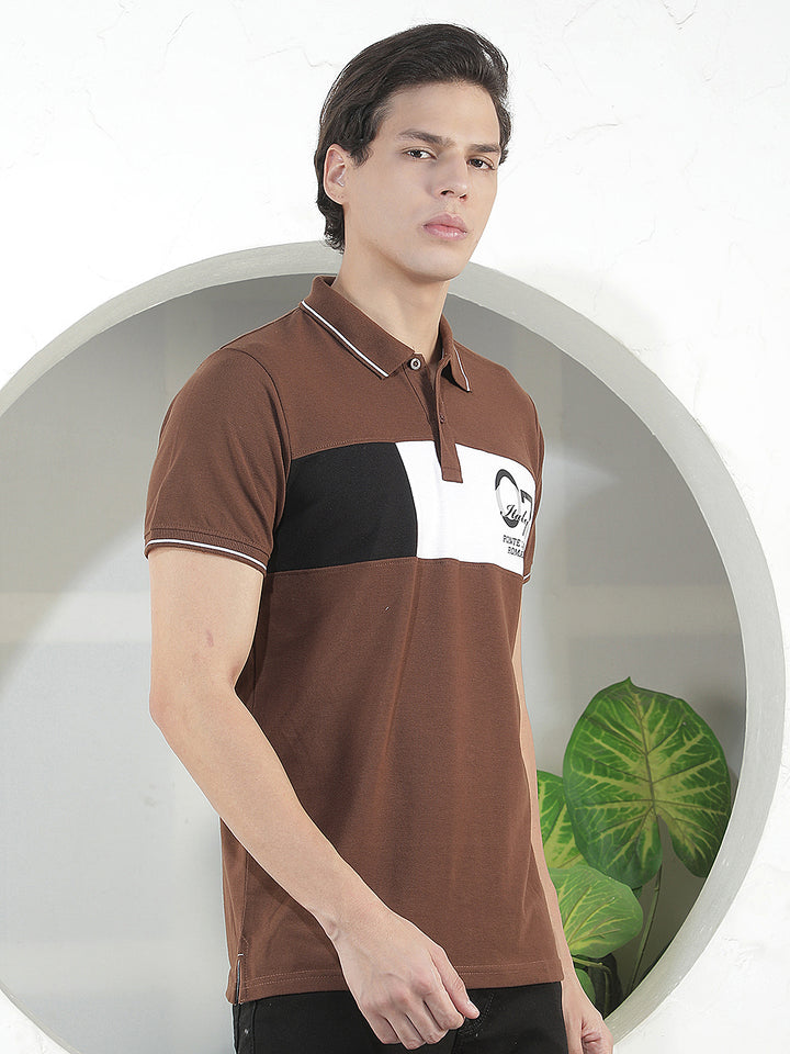BROWN COLOR-BLOCK POLO T-SHIRT