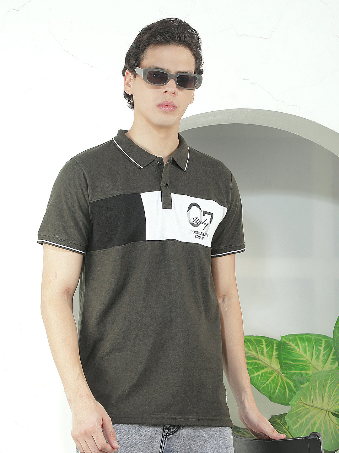 bottle green color-block polo t-shirt