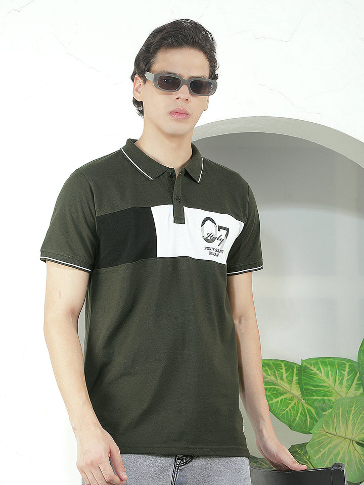 BOTTLE GREEN COLOR-BLOCK POLO T-SHIRT