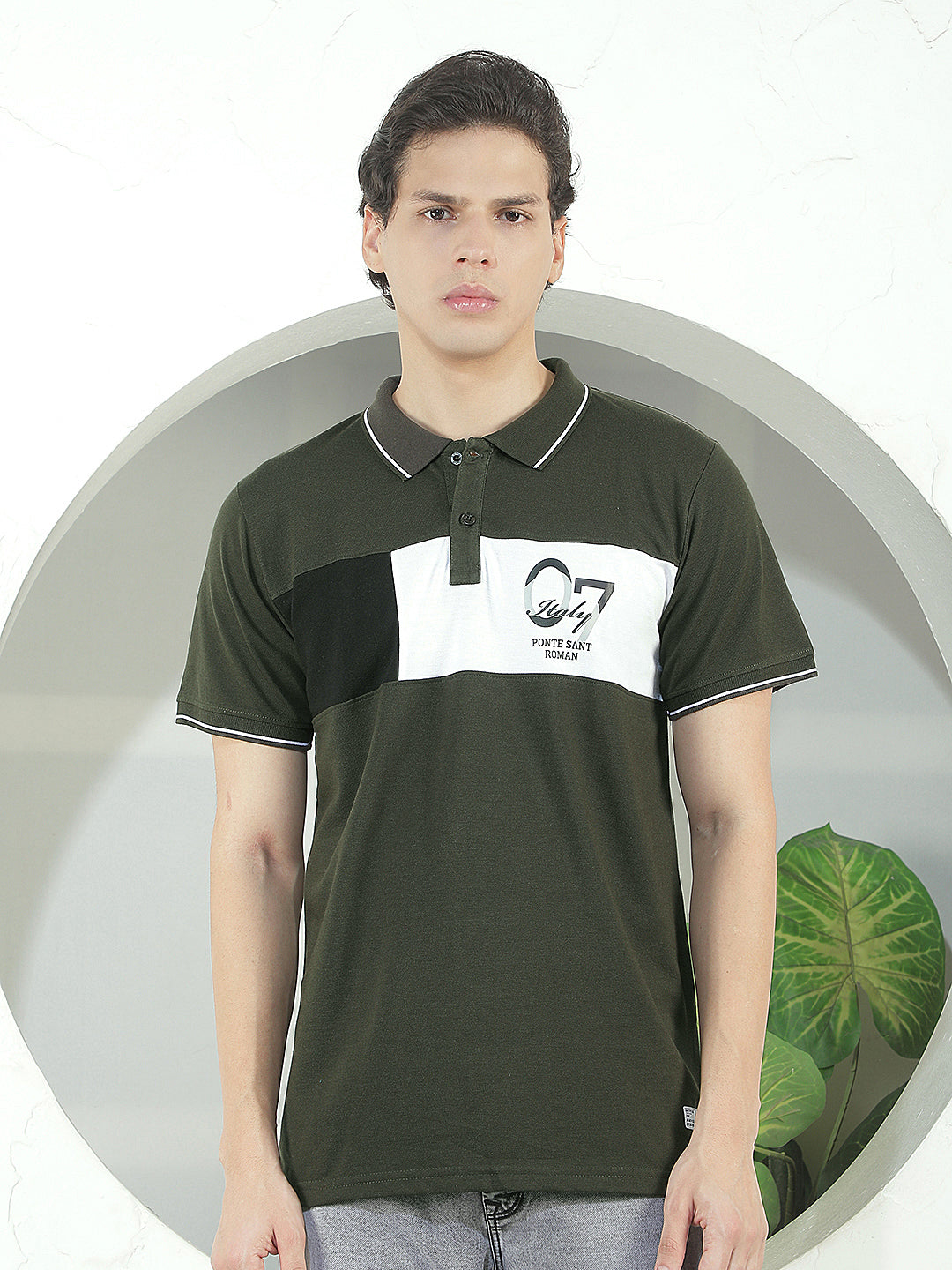 BOTTLE GREEN COLOR-BLOCK POLO T-SHIRT