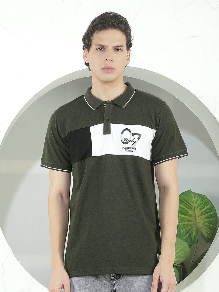 BOTTLE GREEN COLOR-BLOCK POLO T-SHIRT