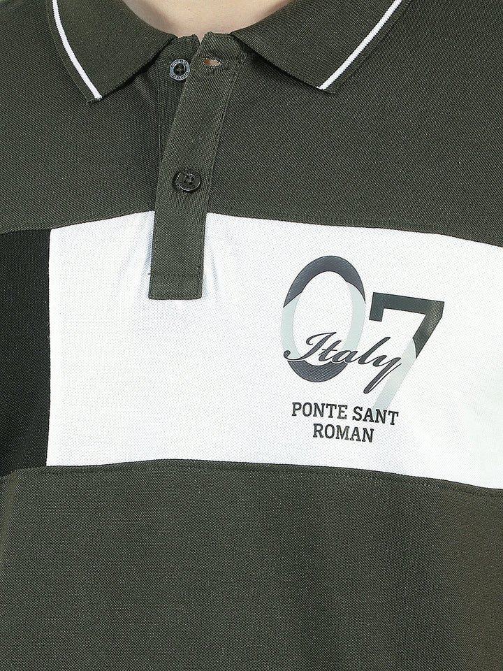 BOTTLE GREEN COLOR-BLOCK POLO T-SHIRT