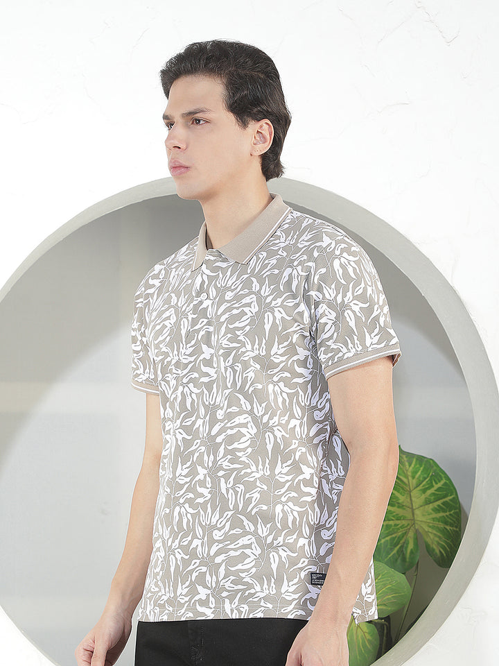 LIGHT BROWN PRINTED POLO T-SHIRT