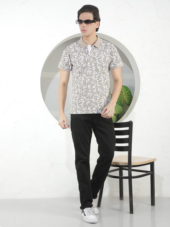 LIGHT BROWN PRINTED POLO T-SHIRT