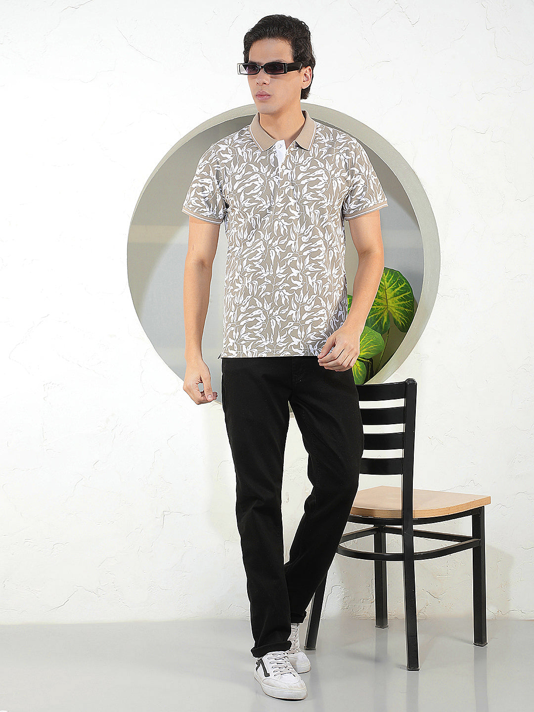 LIGHT BROWN PRINTED POLO T-SHIRT