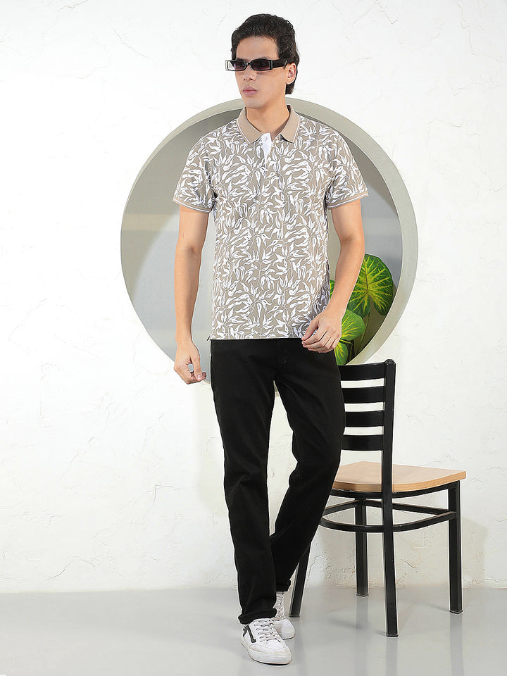 LIGHT BROWN PRINTED POLO T-SHIRT