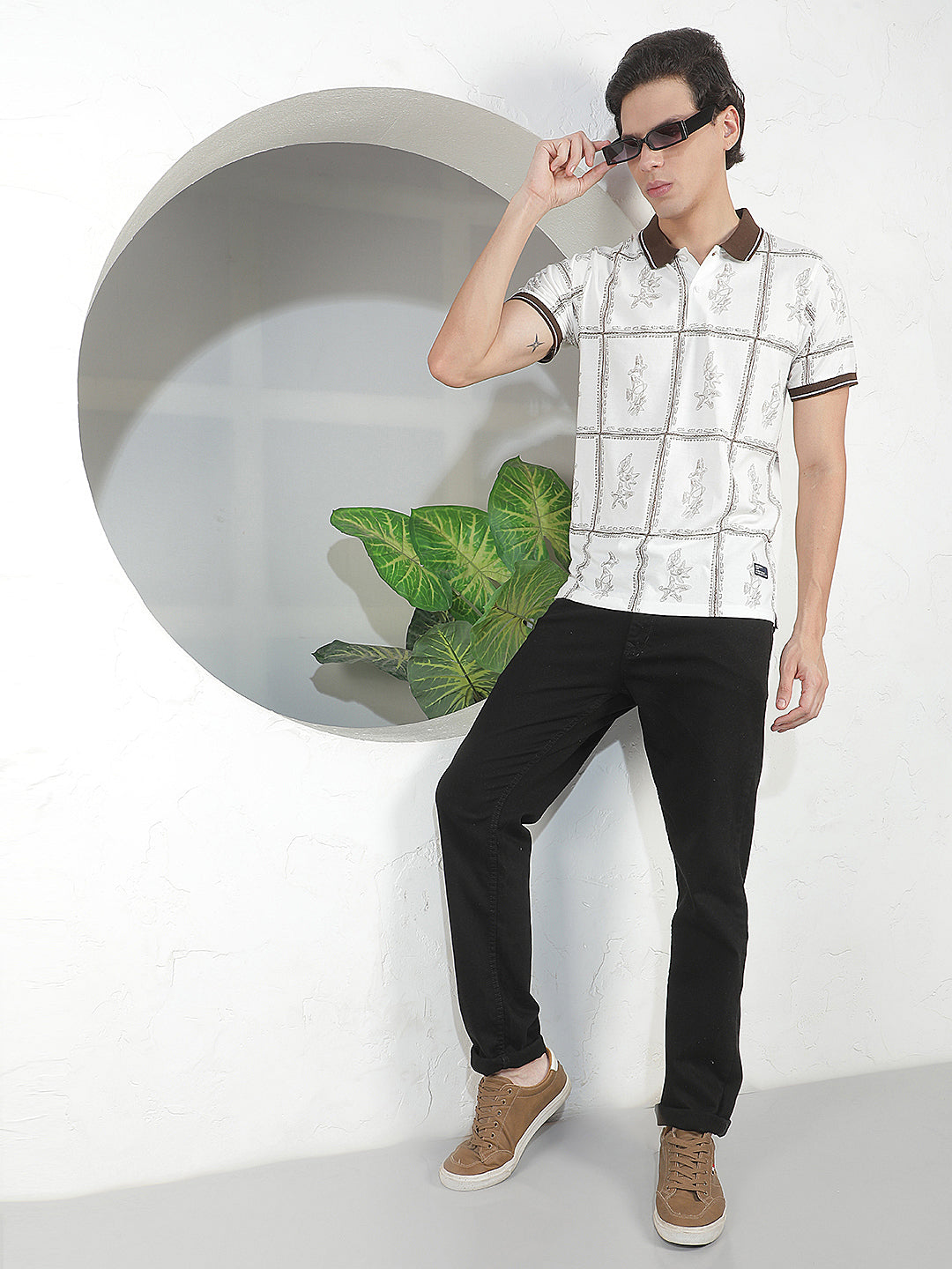 WHITE PRINTED POLO T-SHIRT