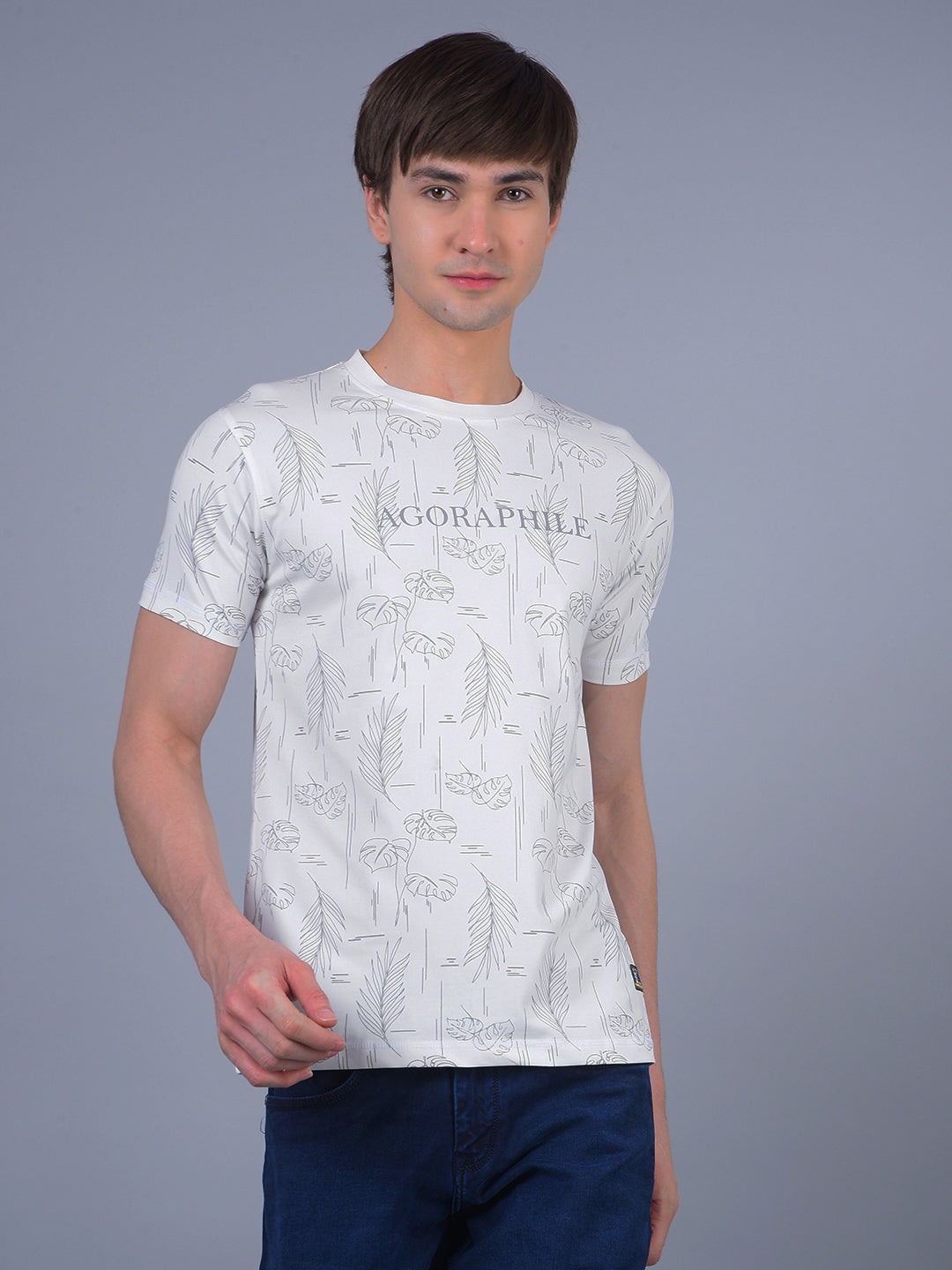 cobb white printed round neck t-shirt