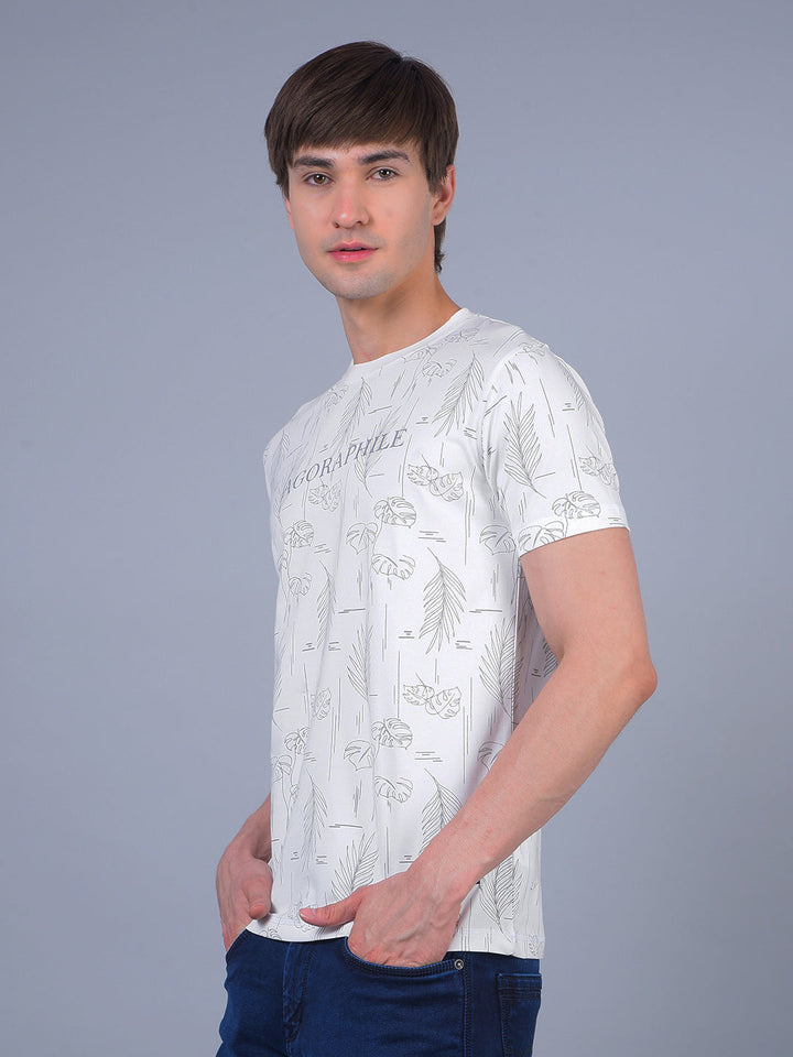 COBB WHITE PRINTED ROUND NECK T-SHIRT