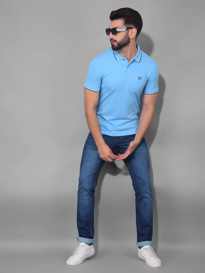 cobb solid sky blue polo neck t-shirt