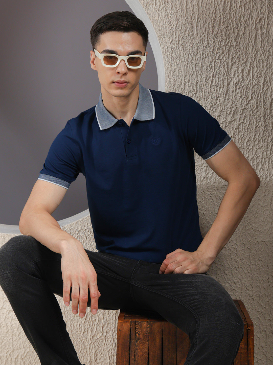 cobb solid denim blue polo neck t-shirt