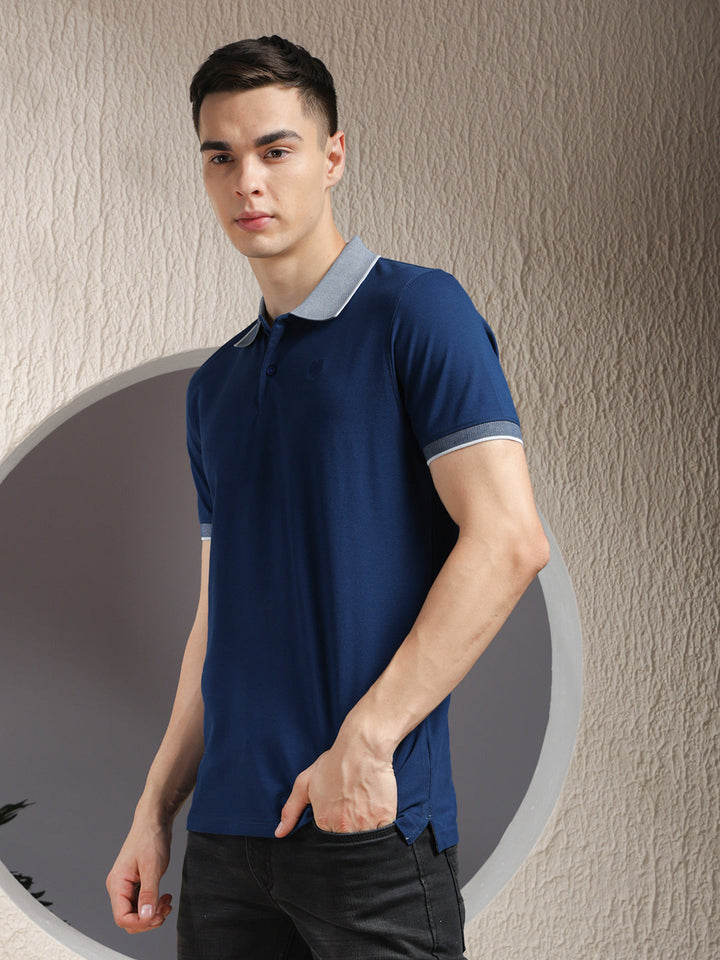 COBB SOLID DENIM BLUE POLO NECK T-SHIRT