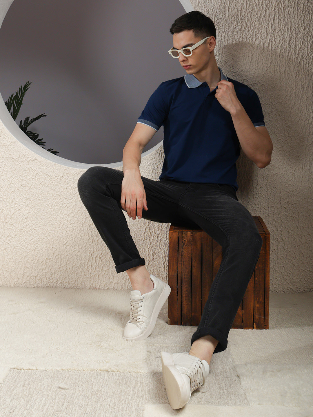COBB SOLID DENIM BLUE POLO NECK T-SHIRT