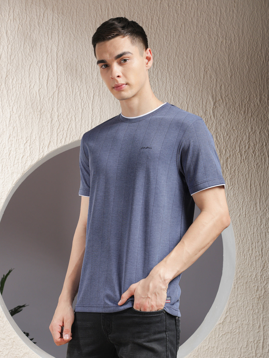COBB CRYOLA INDIGO STRIPED ROUND NECK T-SHIRT