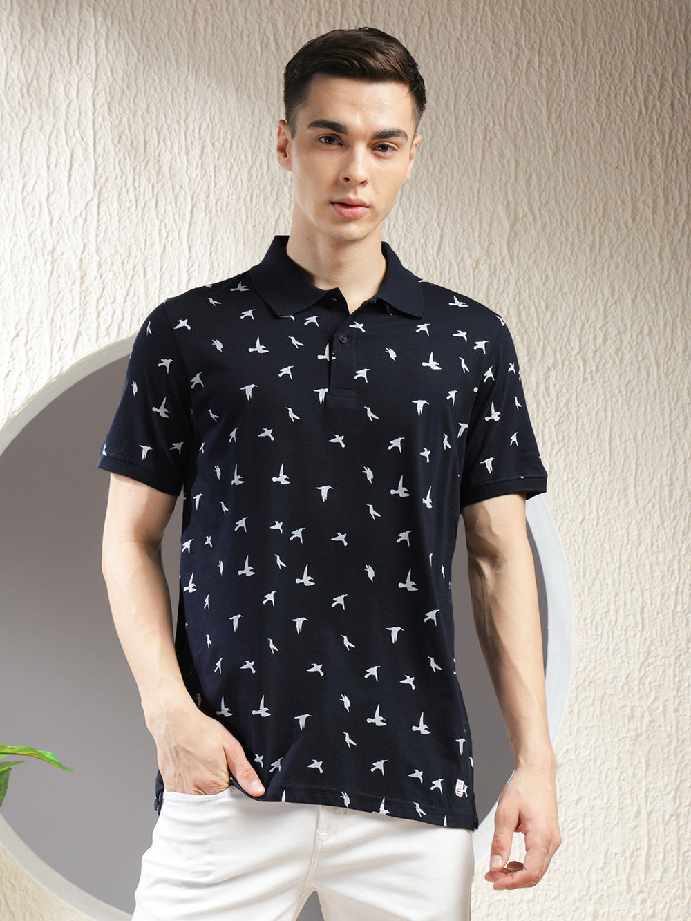cobb navy blue printed polo neck t-shirt