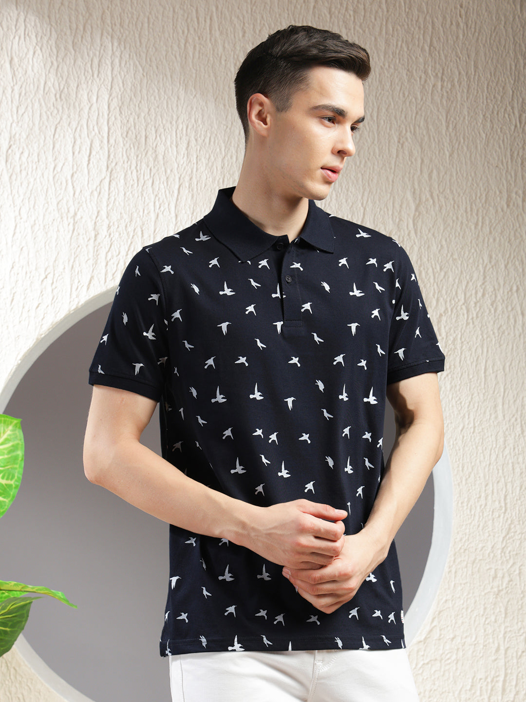 COBB NAVY BLUE PRINTED POLO NECK T-SHIRT