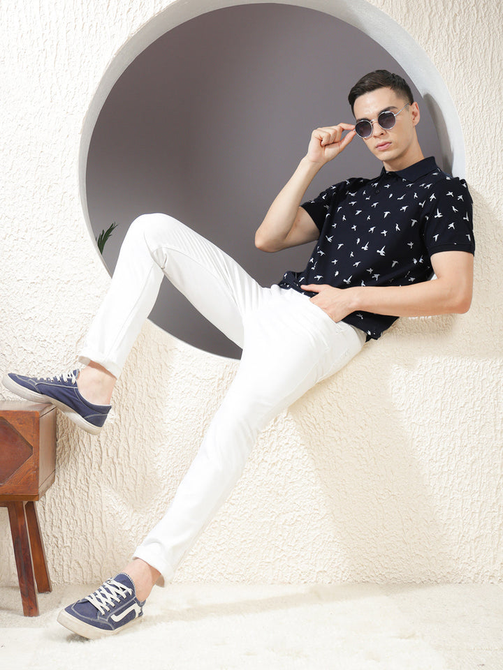 COBB NAVY BLUE PRINTED POLO NECK T-SHIRT