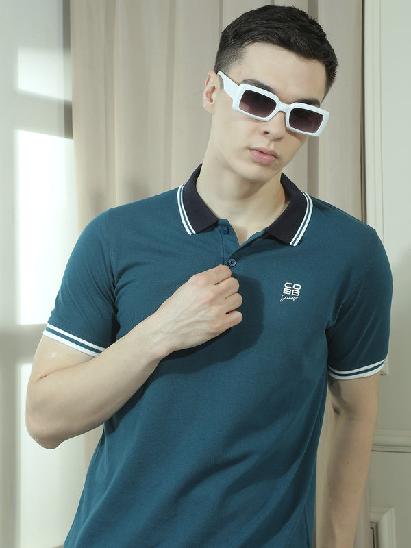 cobb teal solid polo neck t-shirt