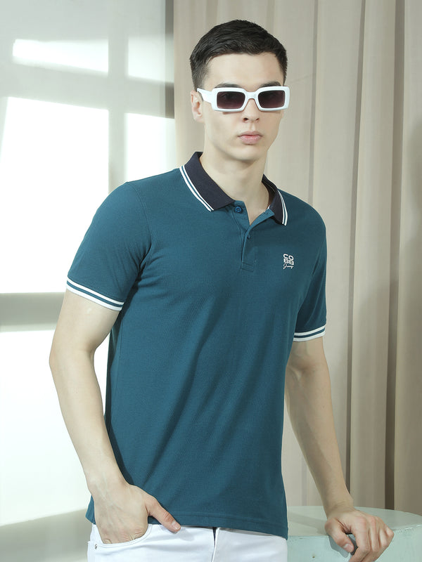 cobb teal solid polo neck t-shirt