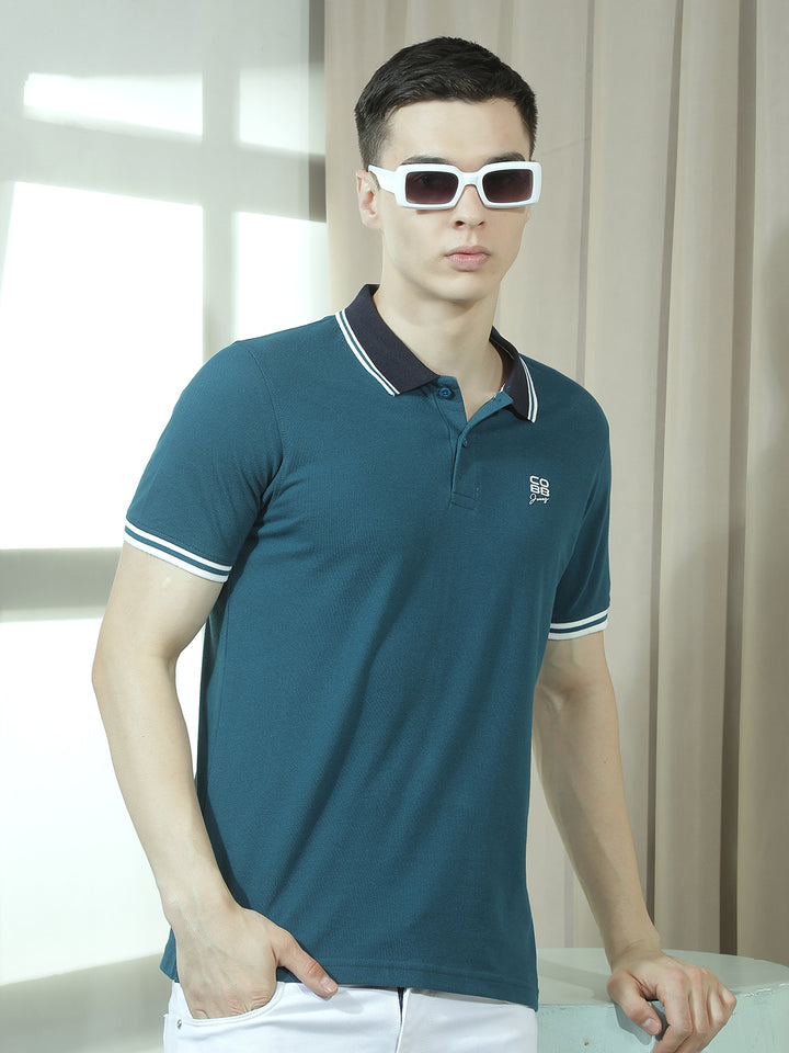 cobb teal solid polo neck t-shirt