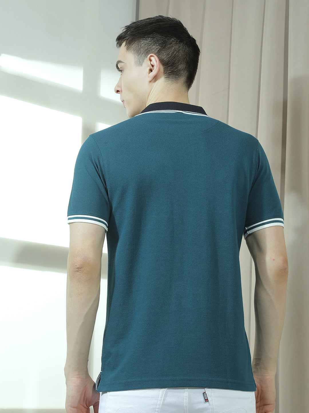 cobb teal solid polo neck t-shirt