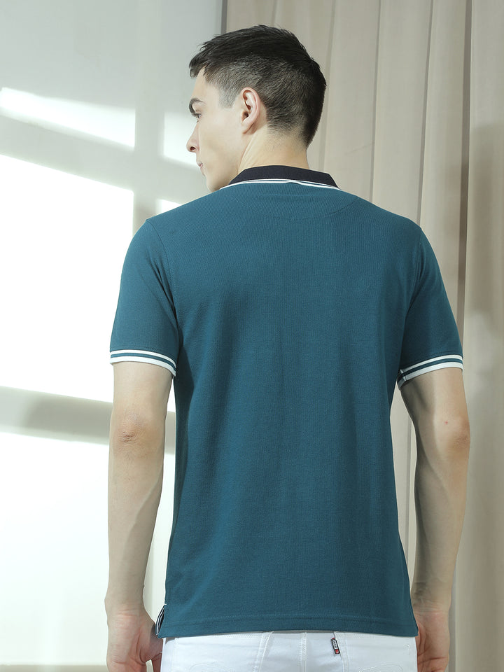 cobb teal solid polo neck t-shirt