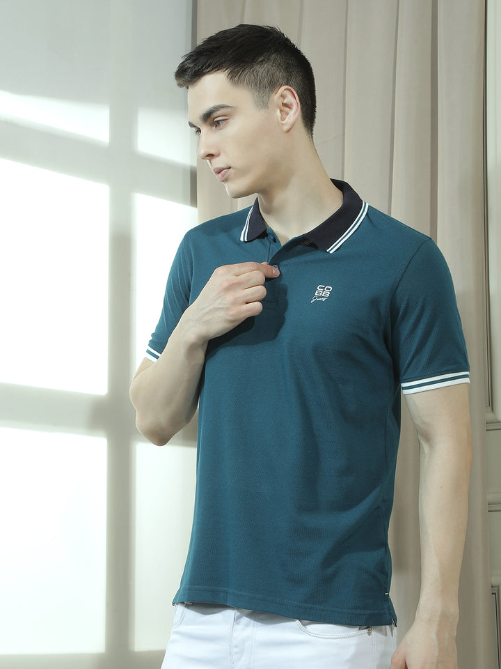 cobb teal solid polo neck t-shirt