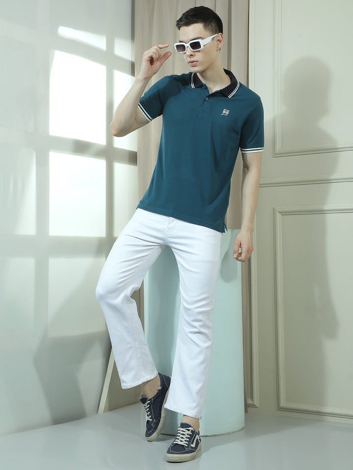 COBB TEAL SOLID POLO NECK T-SHIRT