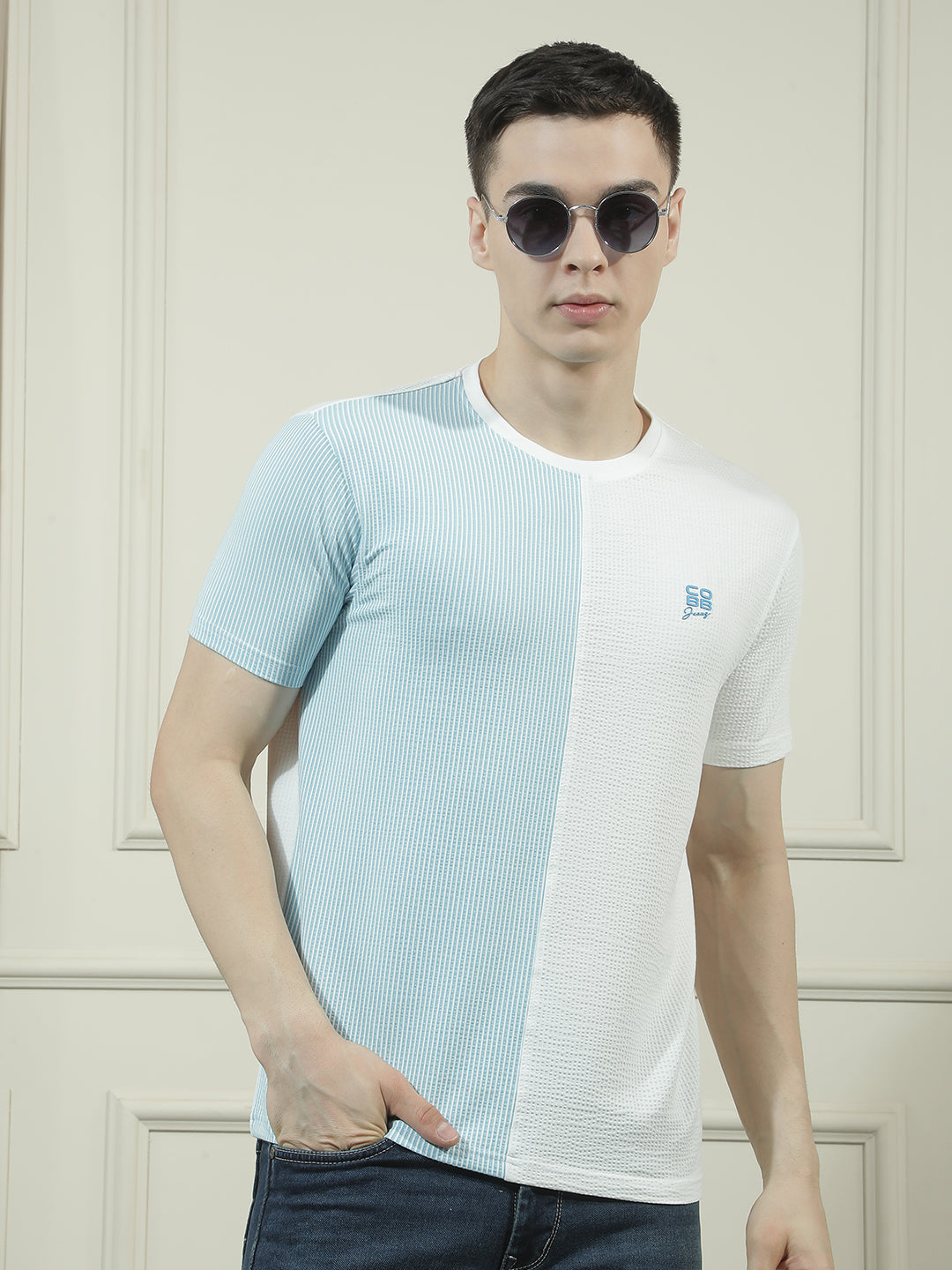 cobb blue solid round neck t-shirt