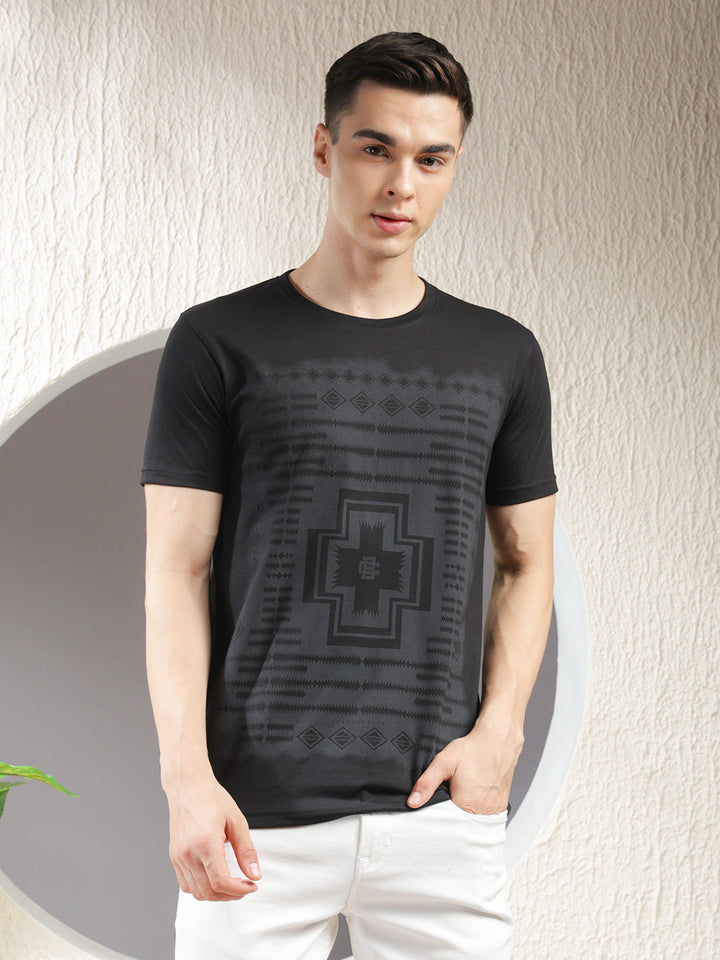 cobb black printed round neck t-shirt