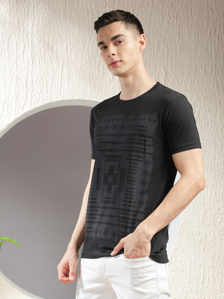 COBB BLACK PRINTED ROUND NECK T-SHIRT