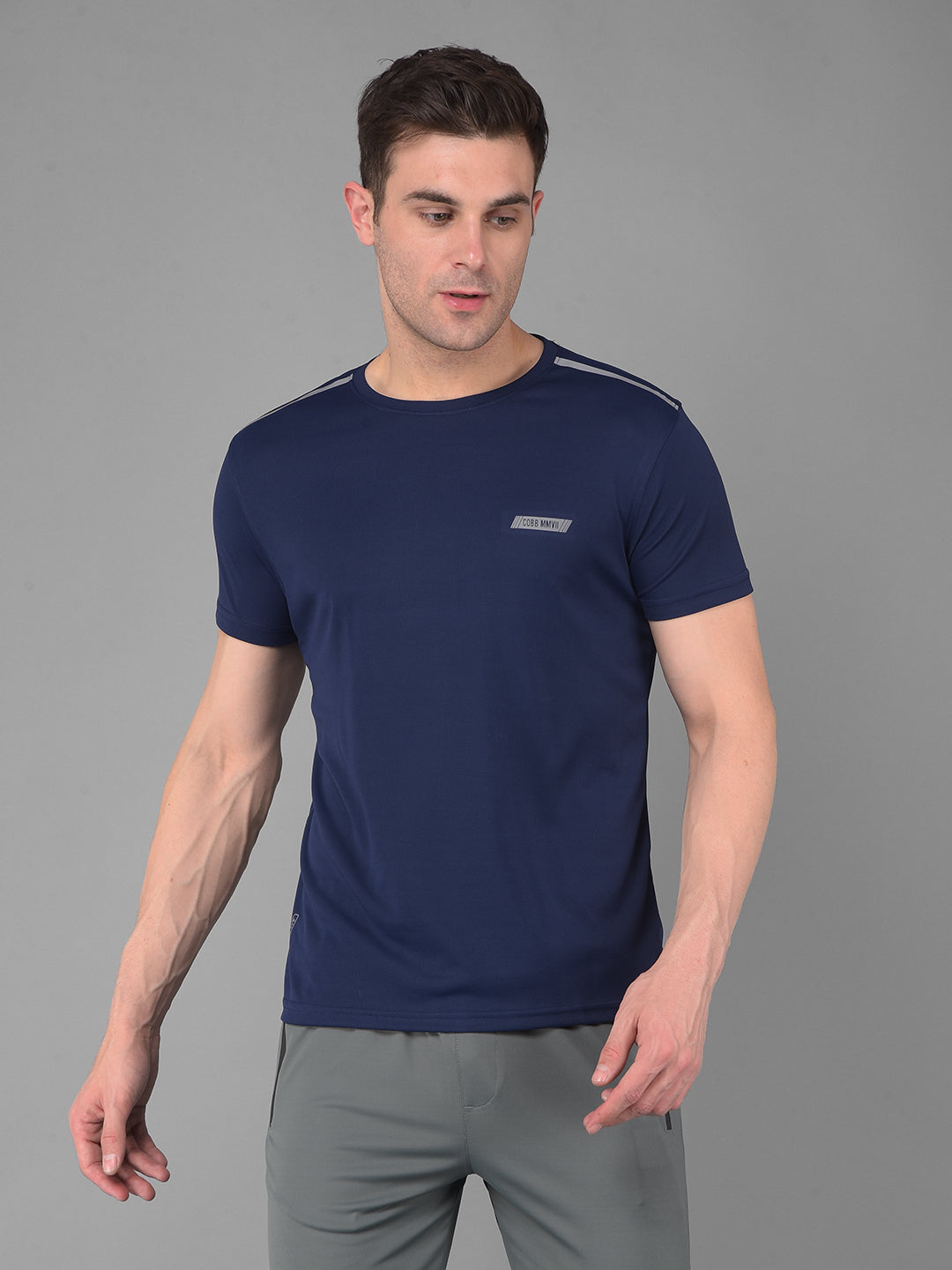 cobb solid navy blue round neck active wear t-shirt